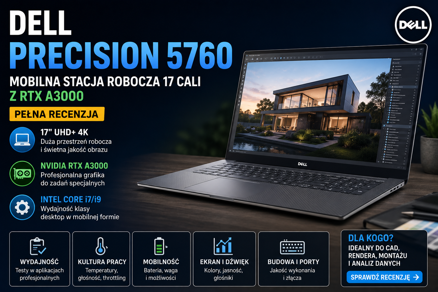 Dell Precision 5760 — mobilna stacja robocza 17 cali z RTX A3000. Pełna recenzja Dell Precision 5760 — mobilna stacja robocza 17 cali z RTX A3000. Pełna recenzja